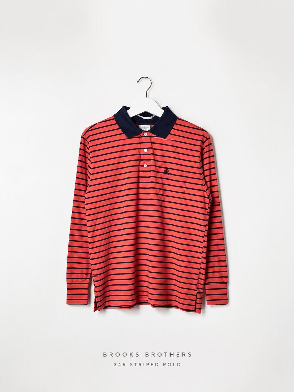 Brooks Brothers 346 · M · Long Sleeve Polo Shirt · Striped Cotton · Coral Navy